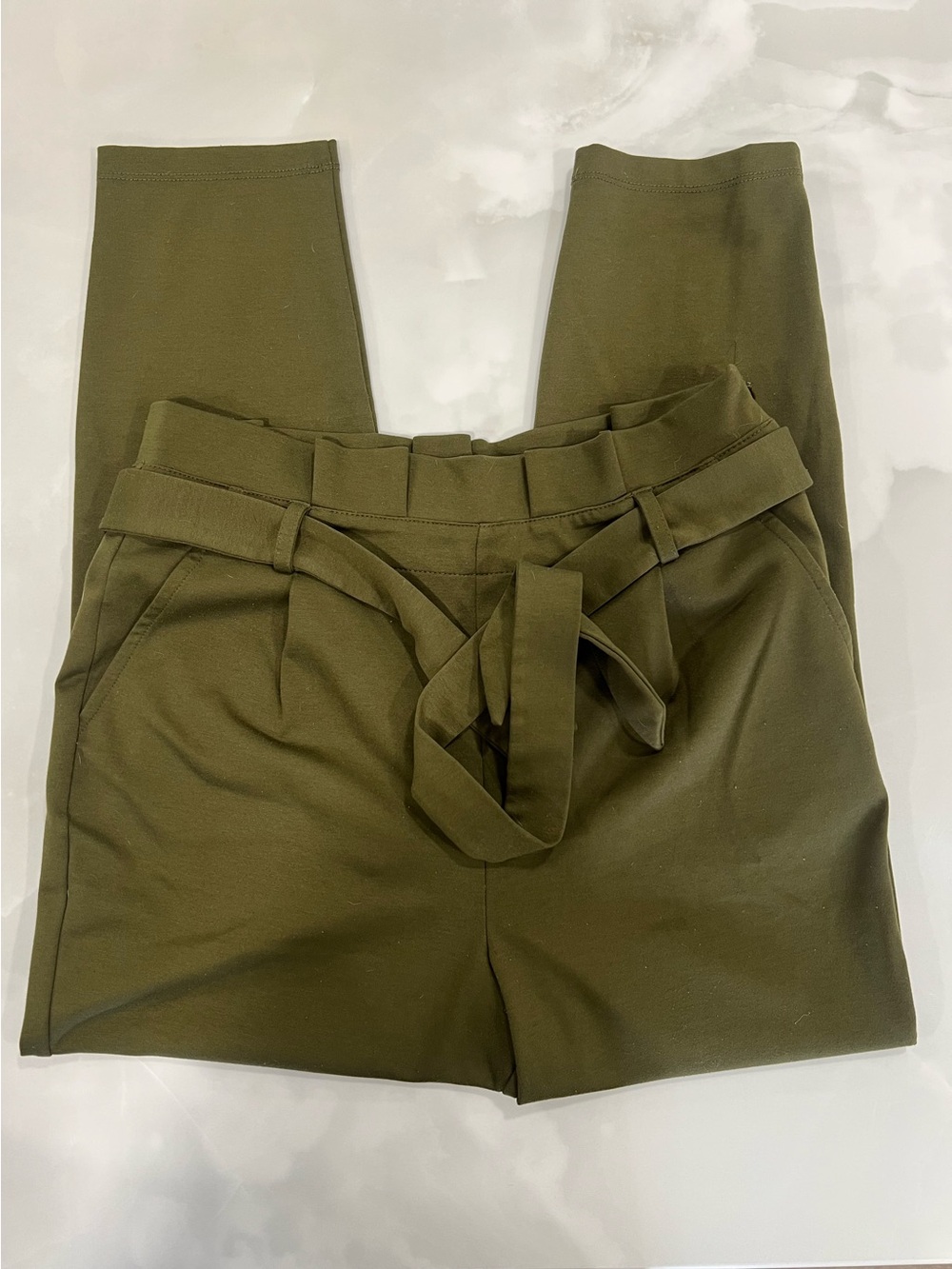 Meraki Olive Paperbag Waist Trousers with Tie Belt